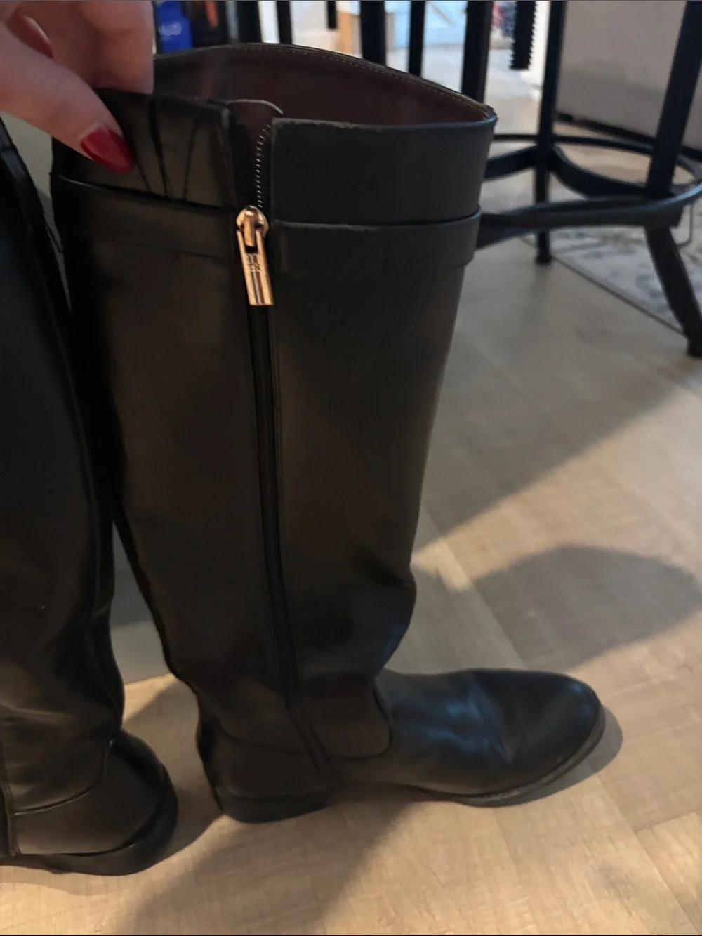 Tommy Hilfiger Black Over-the-Knee Leather Riding Boots with Gold Buckle